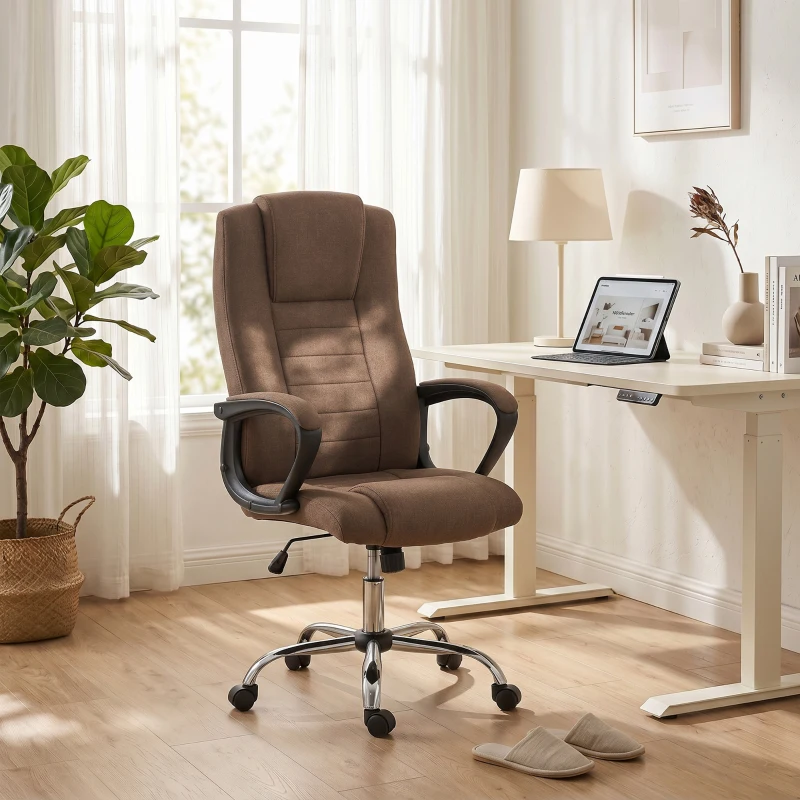 Vinsetto Scaun de Birou Ergonomic Inclinabil și Rotativ în Țesătură cu Aspect de In cu Tetieră, Maro