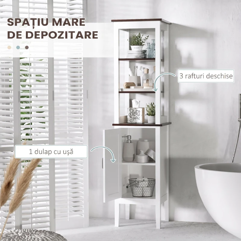 HOMCOM Dulap Baie Îngust, Dulăpior Vertical cu 3 Rafturi Deschise și Raft Reglabil, pentru Spălătorie, 40x38x162.5 cm, Alb