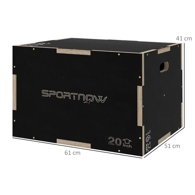 SPORTNOW Cutie Pliometrică pentru Sărituri cu 3 Înălțimi din Lemn Antiderapant, 61-51-41 cm, Negru