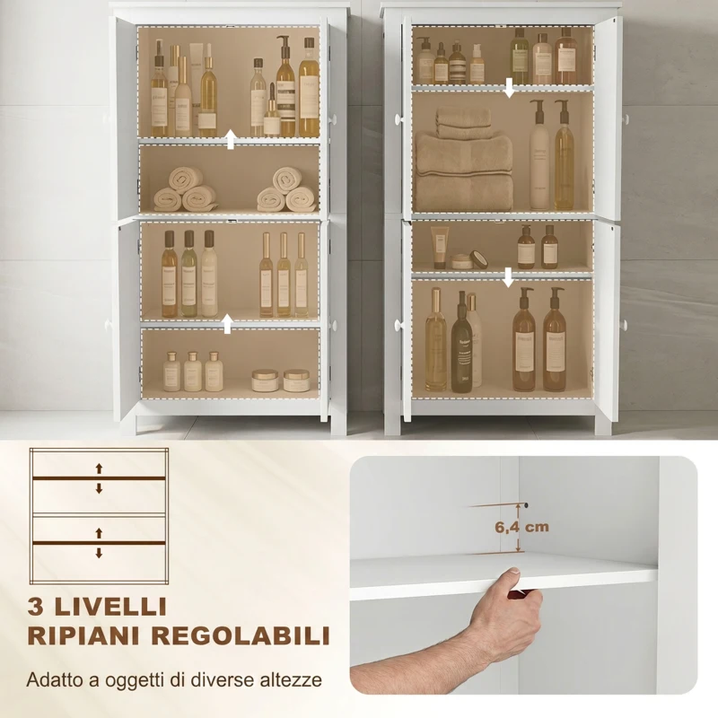 HOMCOM Mobile Bagno con 4 Ante e Ripiani Regolabili, per Lavanderia Salotto Soggiorno Cucina, 60x30x110 cm, Bianco