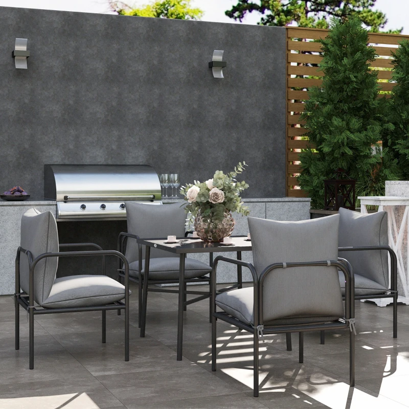 Outsunny Set da Giardino 5 Pezzi in Acciaio con 4 Sedie 58x58x66 cm e Tavolo 80x80x71 cm con Foro Centrale, Grigio