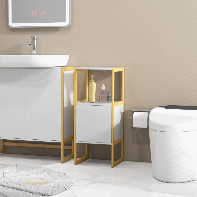 HOMCOM Meuble de rangement pour salle de bain avec cadre en bambou, étagère ouverte et porte à ouverture par pression, blanc