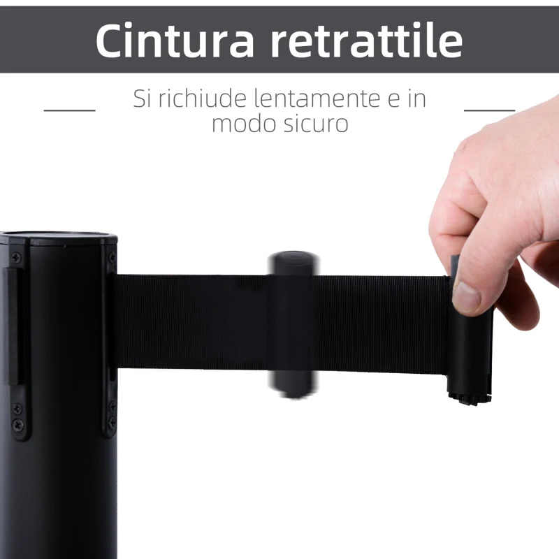 Outsunny Set 2 Colonnine Segnapercorso in Acciaio con Nastro Nero Allungabile, 200x32x90cm