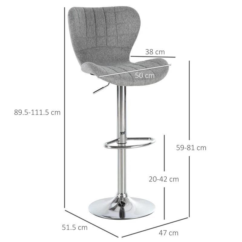 HOMCOM Set 2 scaune de bar rotative cu înălțime reglabilă, suport pentru picioare și spătar din material textil, gri(m-3)