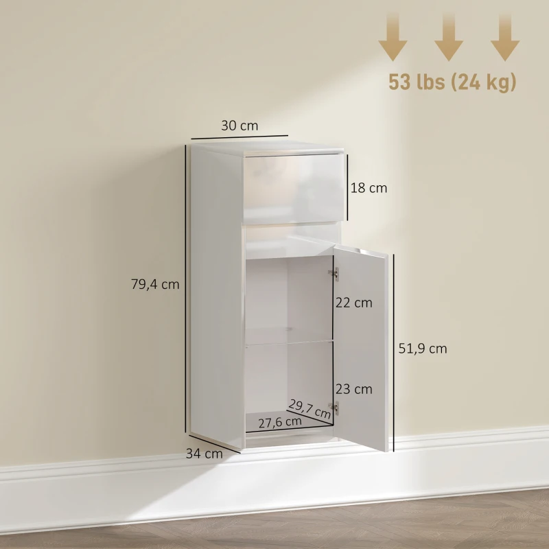 HOMCOM Mobiletto Bagno Sospeso con Cassetto, Anta Lucida e Ripiano in Vetro Regolabile, Bianco