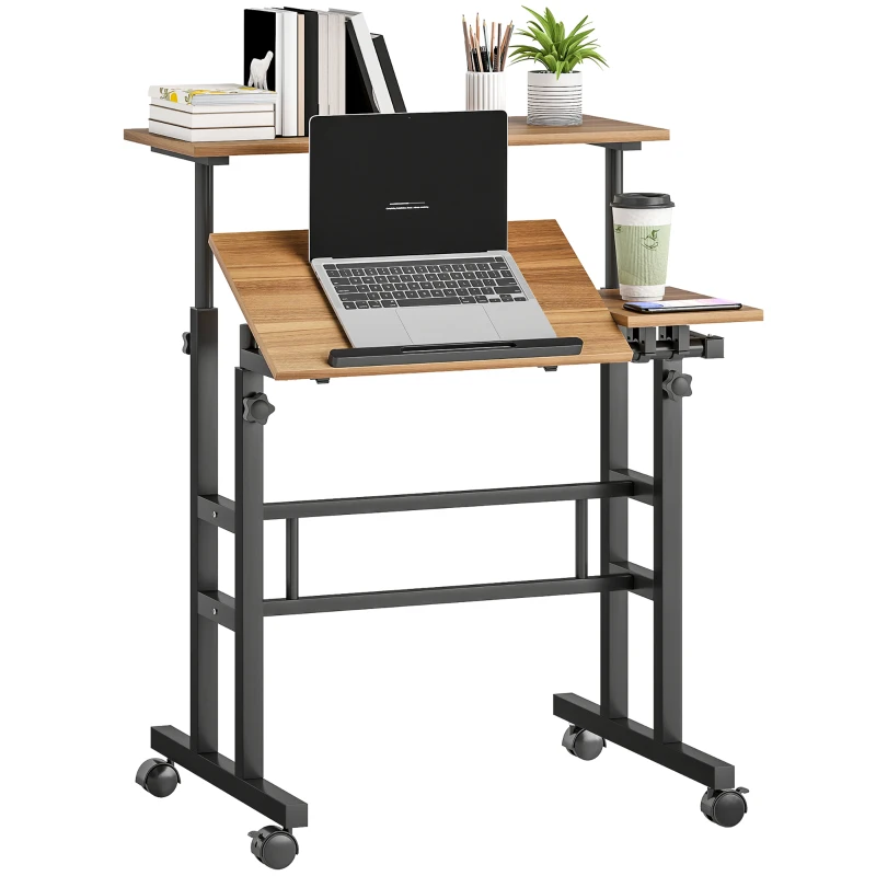 HOMCOM Bureau assis debout bureau réglable en hauteur 70 x 60 cm à roulettes avec plateau inclinable cadre en métal marron