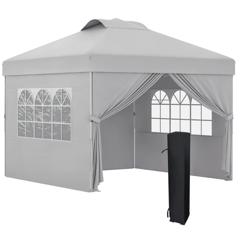 Outsunny Pavilion pliabil 3x3 m cu înălțime reglabilă pe 3 niveluri, ferestre și geantă de transport, gri deschis