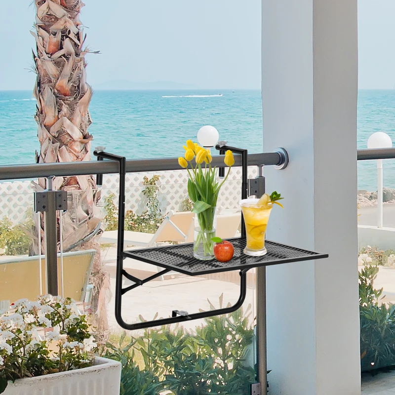 Outsunny Tavolo da Ringhiera Pieghevole e Regolabile in Metallo, 60x60x57-72cm, Nero