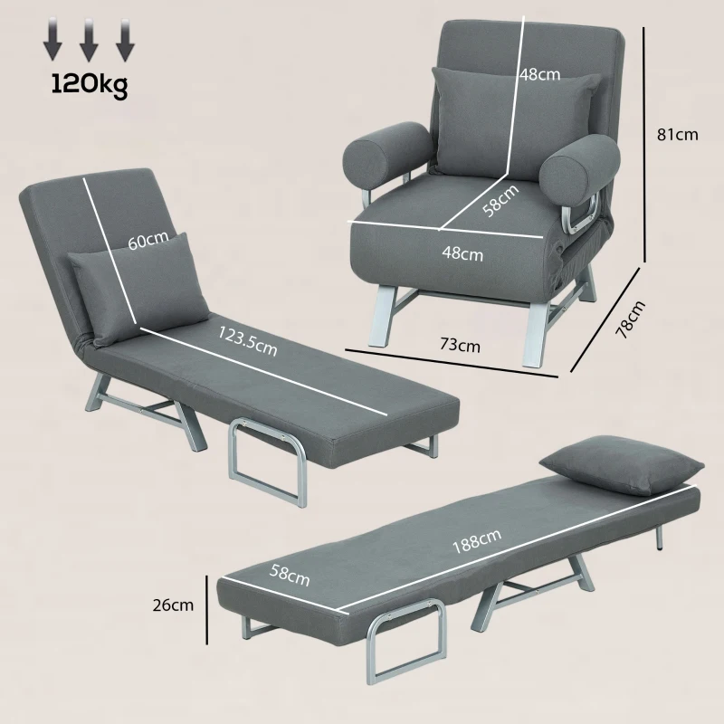 HOMCOM Single Sofa Bed, 3-in-1 Convertible Folding Chair Bed with Adjustable Backrest, Removable Armrests, Dark Grey