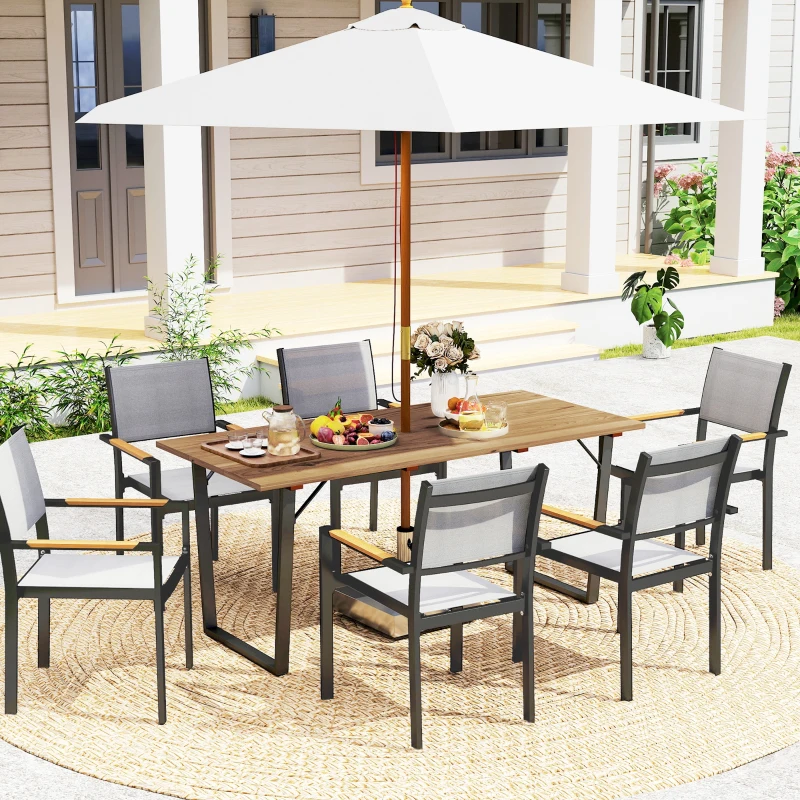 Outsunny Tavolo da Giardino Rettangolare a 6 Posti con Foro per Ombrellone, Legno e Acciaio, 175x80x75 cm, Marrone