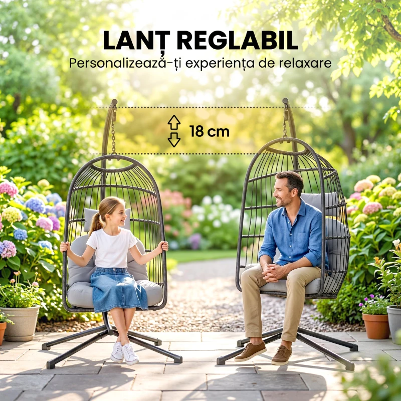 Outsunny Scaun Suspendat Tip Ou, Leagăn pentru Exterior cu Suport și Centură de Siguranță, Gri Deschis