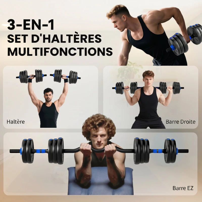 SPORTNOW Kit Haltères Musculation Haltères Réglables 25 kg 3 en 1, Ensemble de Poids Réglable avec Barre d'Extension Bleu