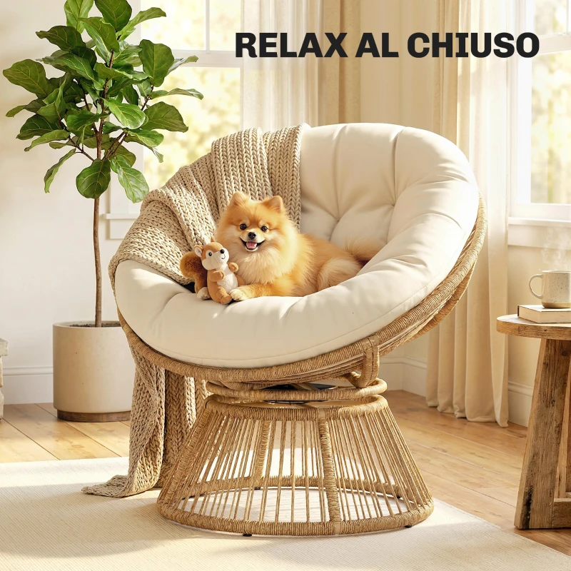 Outsunny Poltrona Papasan Rattan 360° Moon Chair con Cuscino Interni/Esterni, Bianco Crema