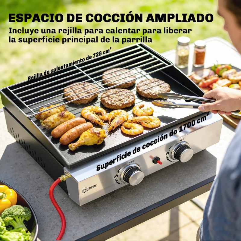 Outsunny Barbacoa de Gas con 2 Quemadores 5 kW Barbacoa Portátil con Plancha Rejilla Calentadora y Recogedor Grasa Negro