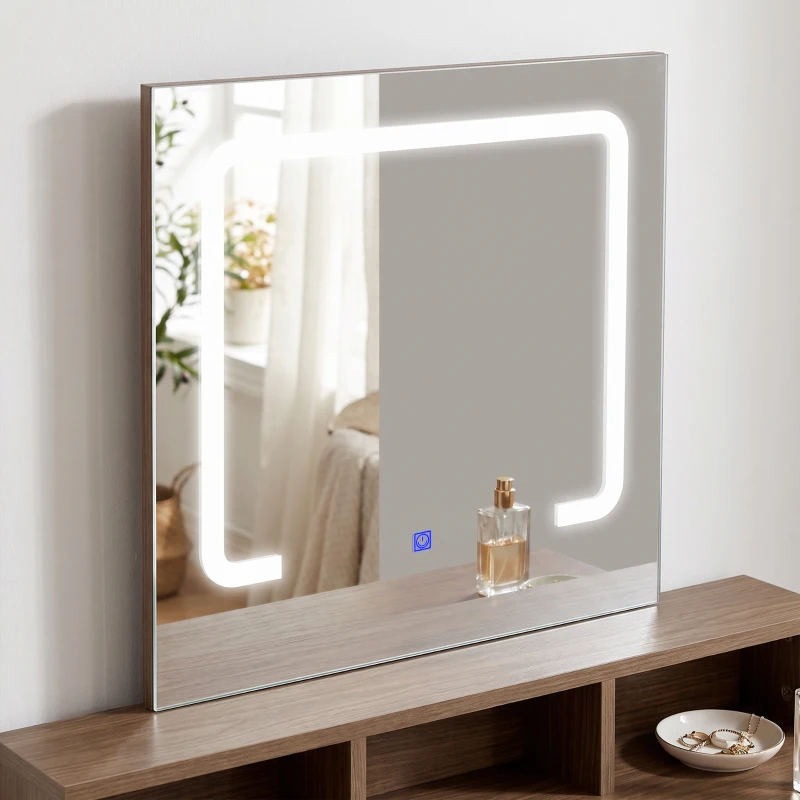 HOMCOM Vanity Table, Dressing Table with Mirror, LED Lights, 2 Drawers, 3 Compartments, 3 Colour Lighting, Walnut