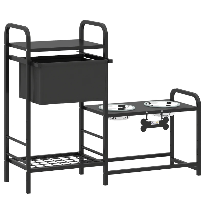 PawHut Comedouro Elevado para Cães com Gaveta em Tecido 2 Taças de Aço Inoxidável 2x800 ml Altura Ajustável 2 Prateleiras 89,5x27x74 cm Preto