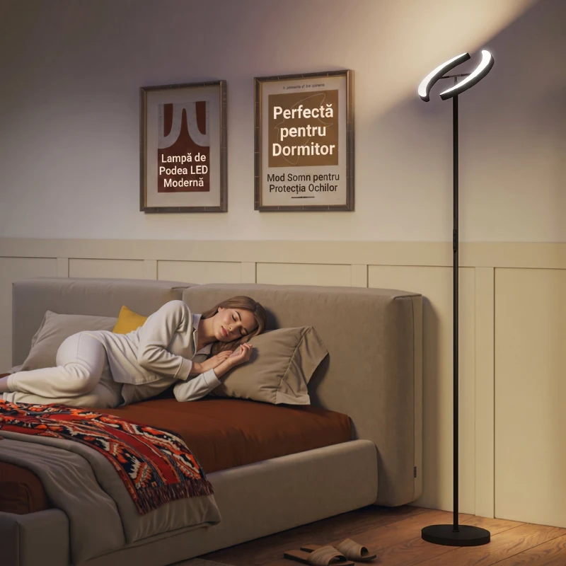 HOMCOM Lampă de Podea Reglabilă cu Telecomandă și Două Capete Rotative 350°, Reglare Temperatură Culoare 2700K-6000K, pentru Living și Dormitor, Negru