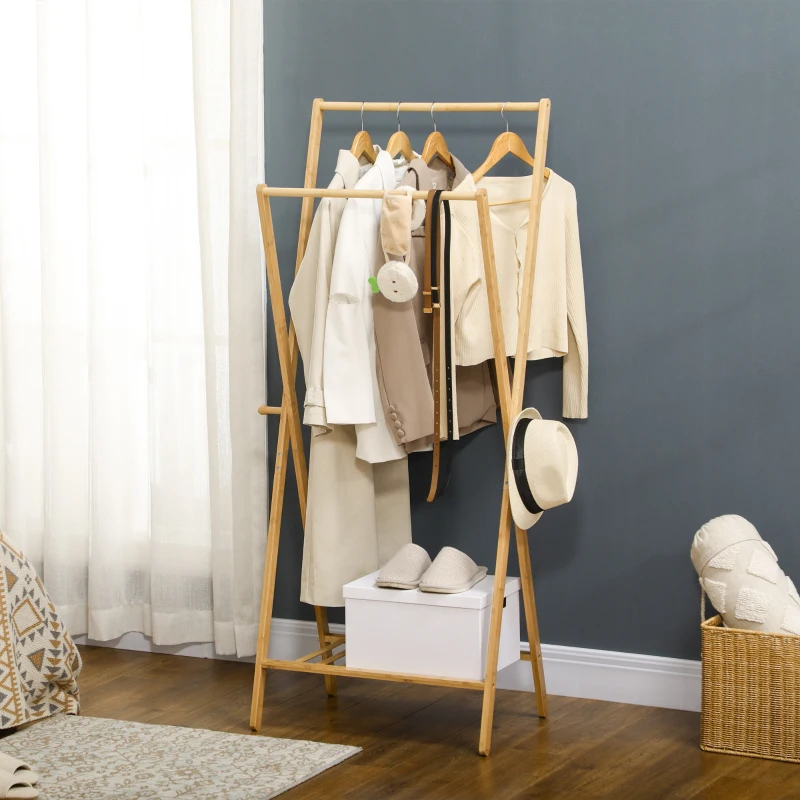HOMCOM Perchero de Pie de Bambú con Estante para Zapatos 2 Barras y 2 Ganchos para Dormitorio Entrada 74x42x150 cm Natural