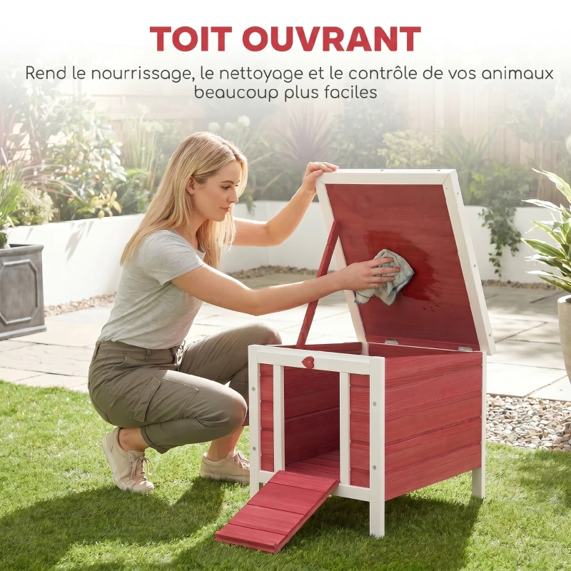 PawHut Clapier à lapin cage à lapin avec rampes/porte, toit ouvrant et étanche - en bois de sapin 51 x 42 x 43 cm rouge blanc