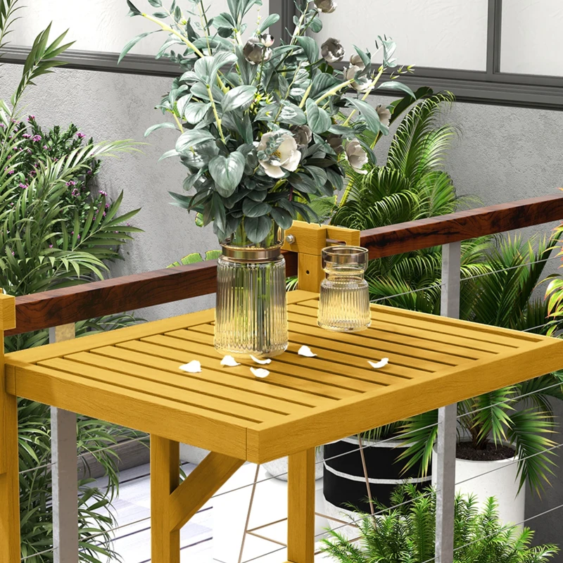 Outsunny Tavolino da Ringhiera per Balcone Pieghevole e Regolabile in Legno, Colore Legno