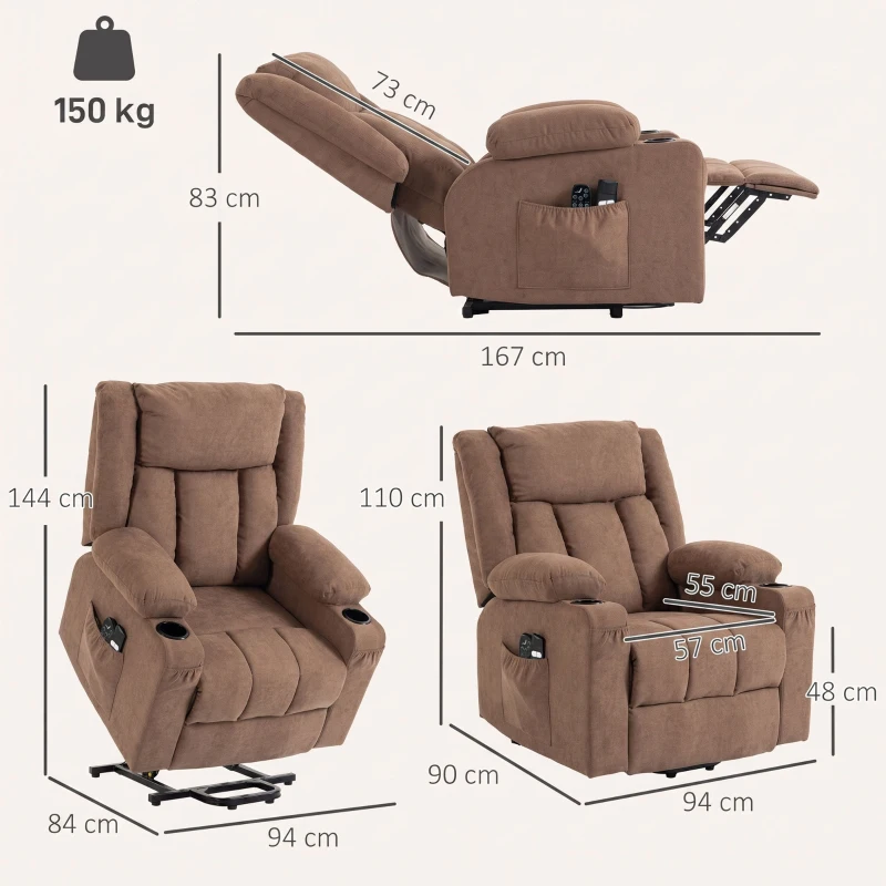 HOMCOM Dual Motor Recliner Chair, 55° Electric Lift Chair for Elderly, Recliner Armchair with Massage and Heat, Brown