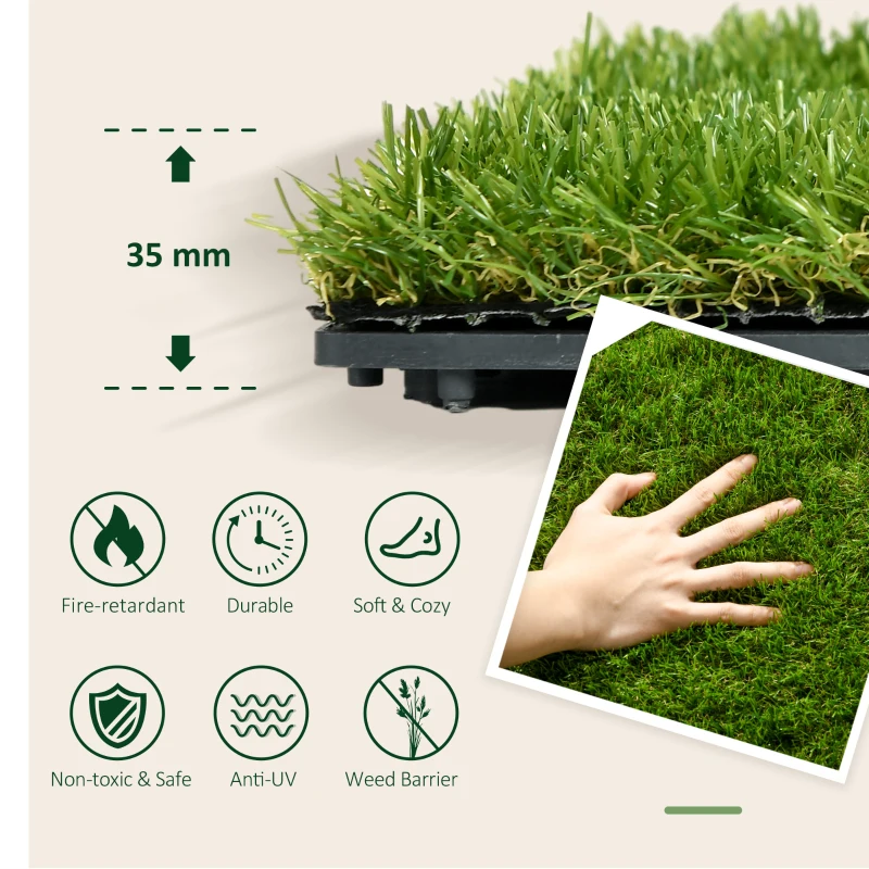 Outsunny 10-Piece Artificial Grass Set, Weatherproof Turf Tiles, 25mm Pile Height, Outdoor Carpet for Garden, Balcony & Patio, 30 x 30cm, Dark Green