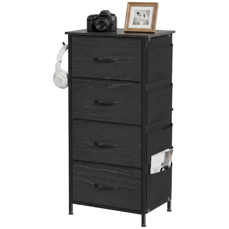 HOMCOM Chest of Drawers, Dresser with 4 Fabric Drawers, Tall Storage Unit with 4 Pockets and 2 Hooks, Steel Frame, Black