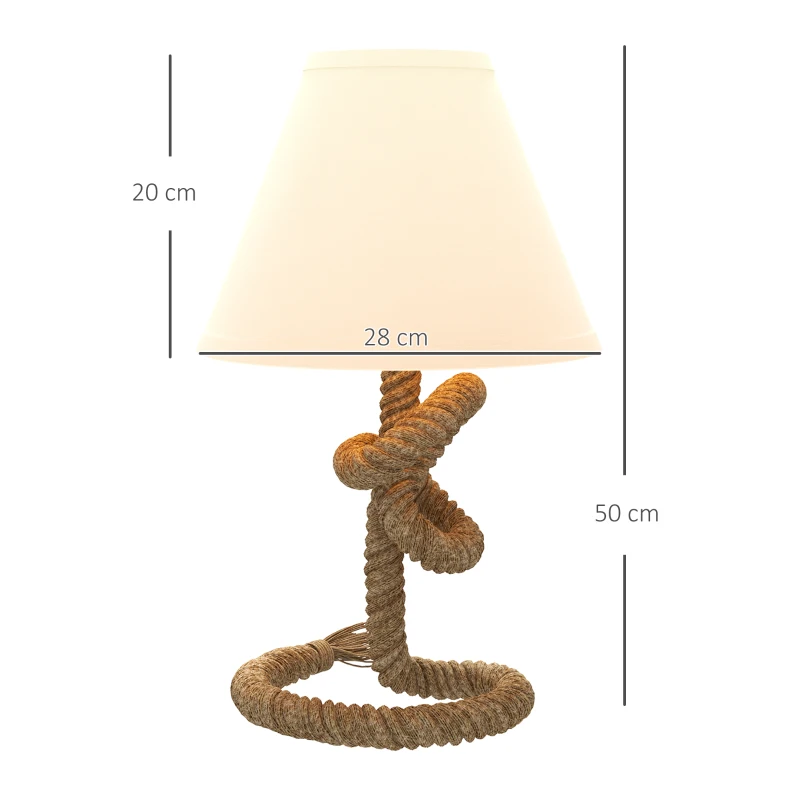 HOMCOM Lámpara de Mesa LED con Base de Metal Cuerda de Lino y Pantalla de Tela Max.40W Ø28x50 cm Marrón y Beige