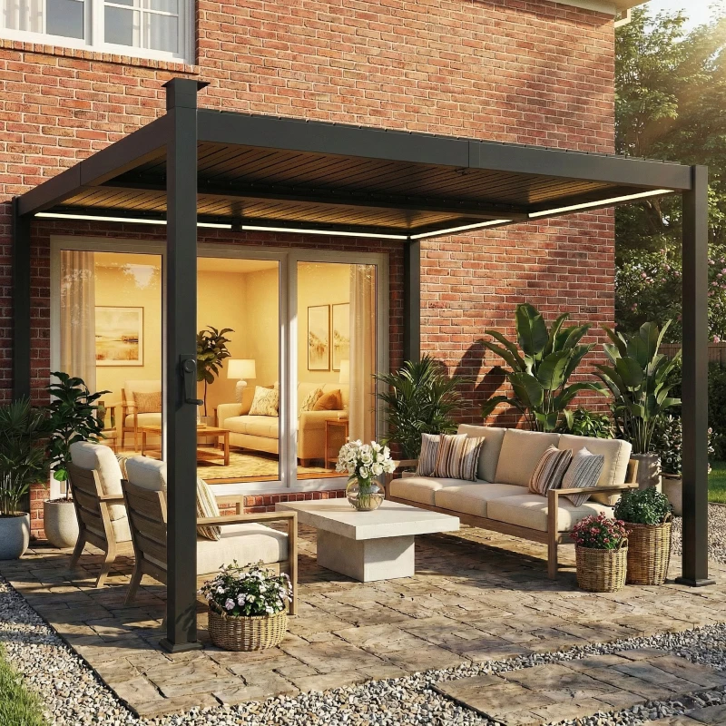 Outsunny 3 x 3 m Louvered Pergola with Solar LED lights, Metal Roof, Patio Gazebo Pergola Canopy with Drainage Gutters, Black