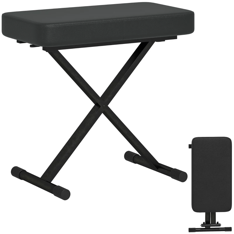 HOMCOM Scaun pentru Pian Pliabil și Reglabil pe 4 Înălțimi, din Piele PU, Spumă și Metal, 60x32x53-63 cm, Negru