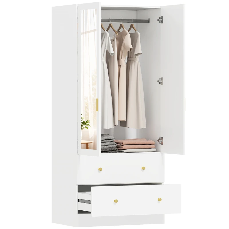 HOMCOM Armoire chambre penderie avec miroir, 2 portes, 2 tiroirs et barre de suspension, 80 x 50 x 180 cm, blanc