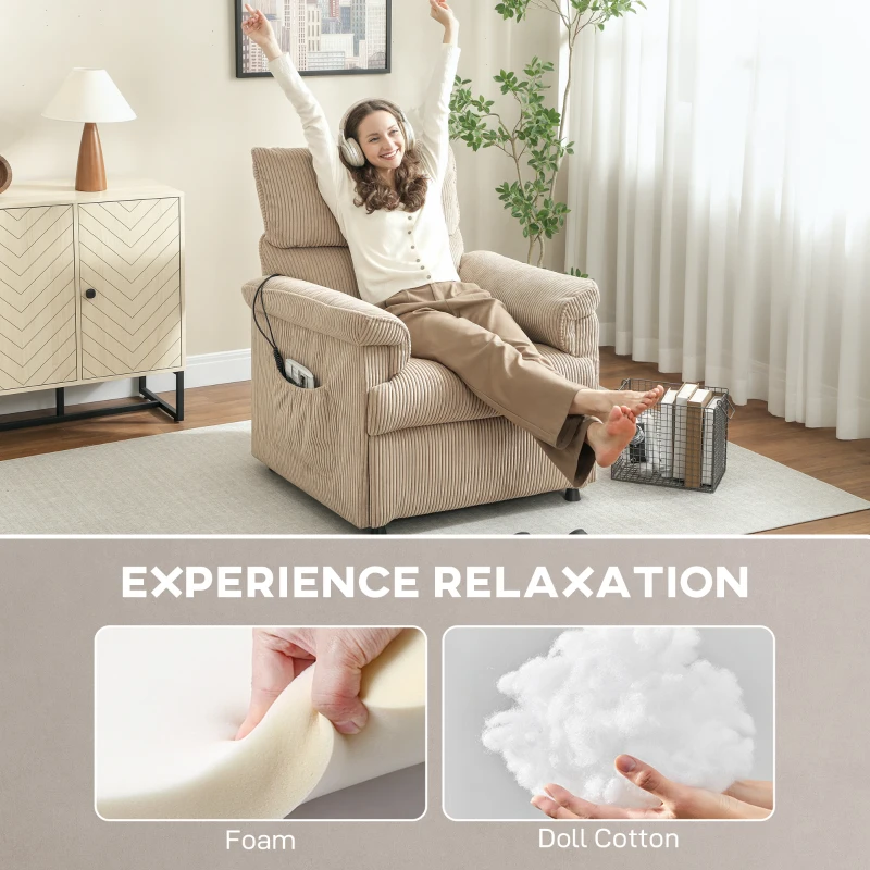 HOMCOM Fauteuil relax électrique massant et chauffant, fauteuil inclinable en velours côtelé, moteur ultra-silencieux, marron