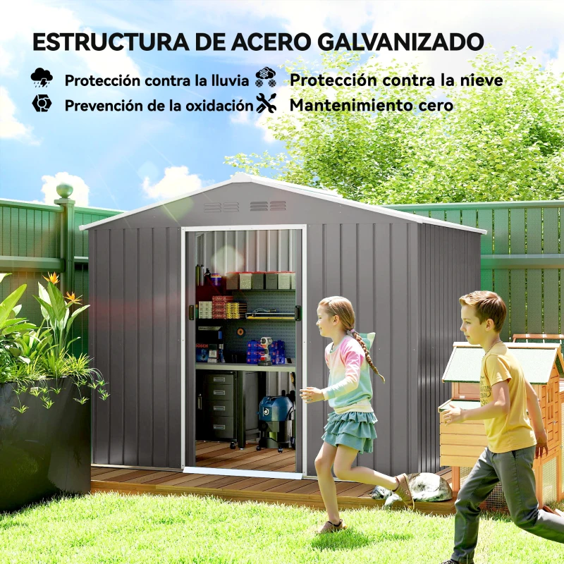 Outsunny Cobertizo de Jardín Exterior 3,6 m² 236x171x191 cm con Puerta Corredera Techo Inclinado Ranuras de Ventilación Gris