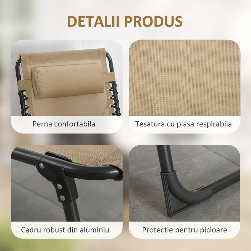 Outsunny Șezlong de Grădină Pliabil cu Spătar Reglabil pe 5 Niveluri, Bej