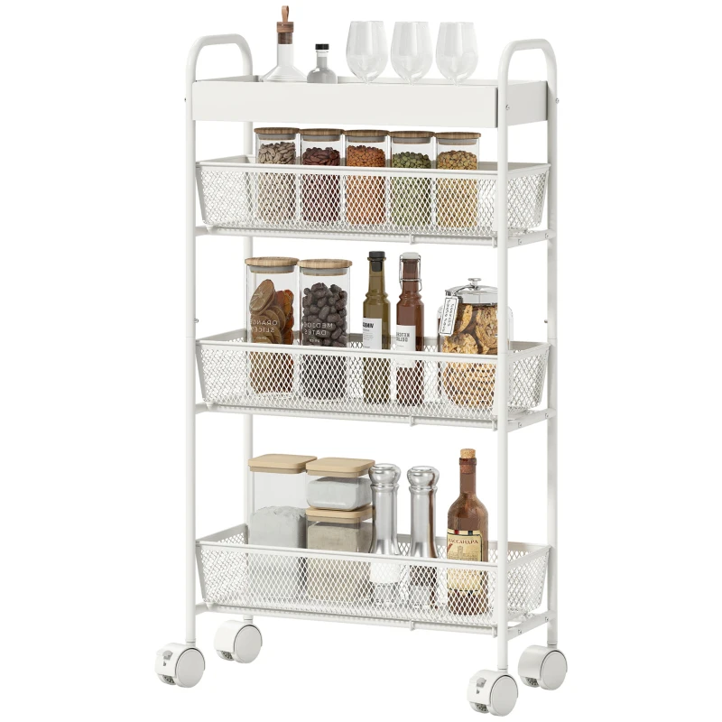 HOMCOM Chariot de rangement à 4 niveaux, desserte à roulettes, 3 paniers coulissants, panier supérieur 19 x 43,2 x 80 cm blanc
