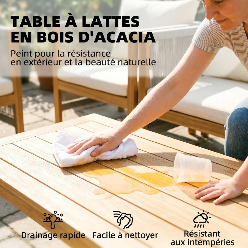 Outsunny Salon de Jardin Ensemble de Mobilier 4 Pièces en Bois d'Acacia Coussins Déhoussables et Corde Tressée Naturel