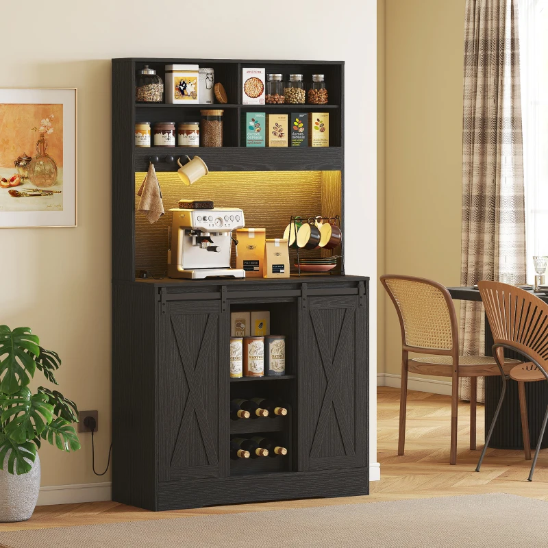 HOMCOM Bufet Înalt de Bucătărie Stil Rustic cu 2 Dulapuri, Suport pentru Sticle, Prize de Încărcare și Lumini LED, Negru