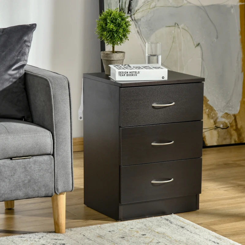 HOMCOM Mesilla de Noche con 3 Cajones y Asas de Aluminio Mesilla de Noche para Dormitorio Salón 40x35x58 cm Marrón Oscuro