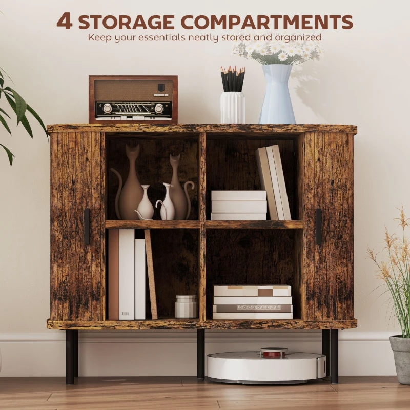 HOMCOM Mid-Century Modern Sideboard Storage Cabinet with Slatted Tambour Sliding Doors, Kitchen Cabinet with Steel Legs, Rustic Brown