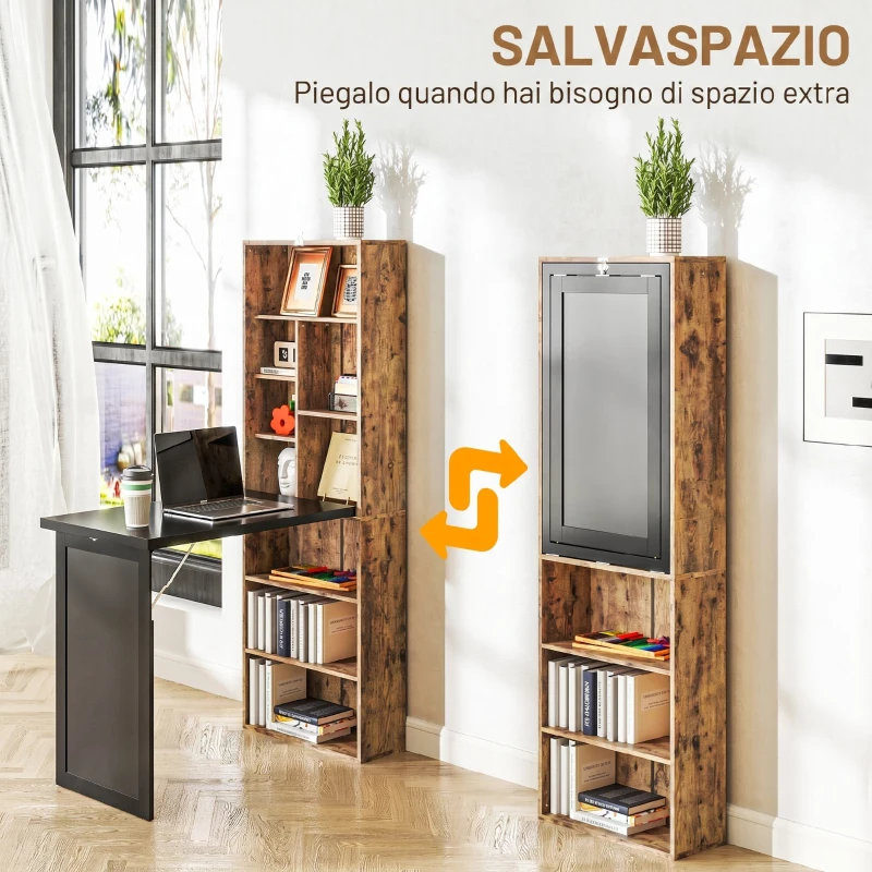 HOMCOM Scrivania Moderna Pieghevole con Libreria e Lavagna, in Legno e Metallo, 98x51x153 cm, Marrone Rustico