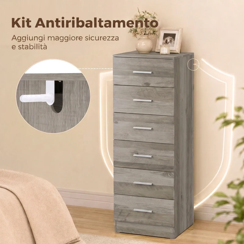 HOMCOM Cassettiera Moderna a 6 Cassetti per Camera, 40x40x110 cm, Grigio