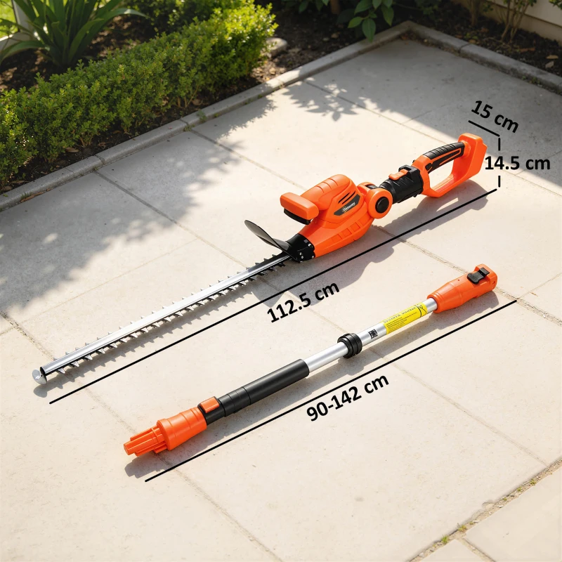 Outsunny Trimmer pentru Gard Viu pe Baterie 18V, Trimmer pentru Grădină cu 2 Baterii de 4Ah, Încărcător, Târnă Telescopică Reglabilă din Aluminiu, Lamă Cu Acțiune Dublă de 51cm pentru Ramuri, Portocaliu