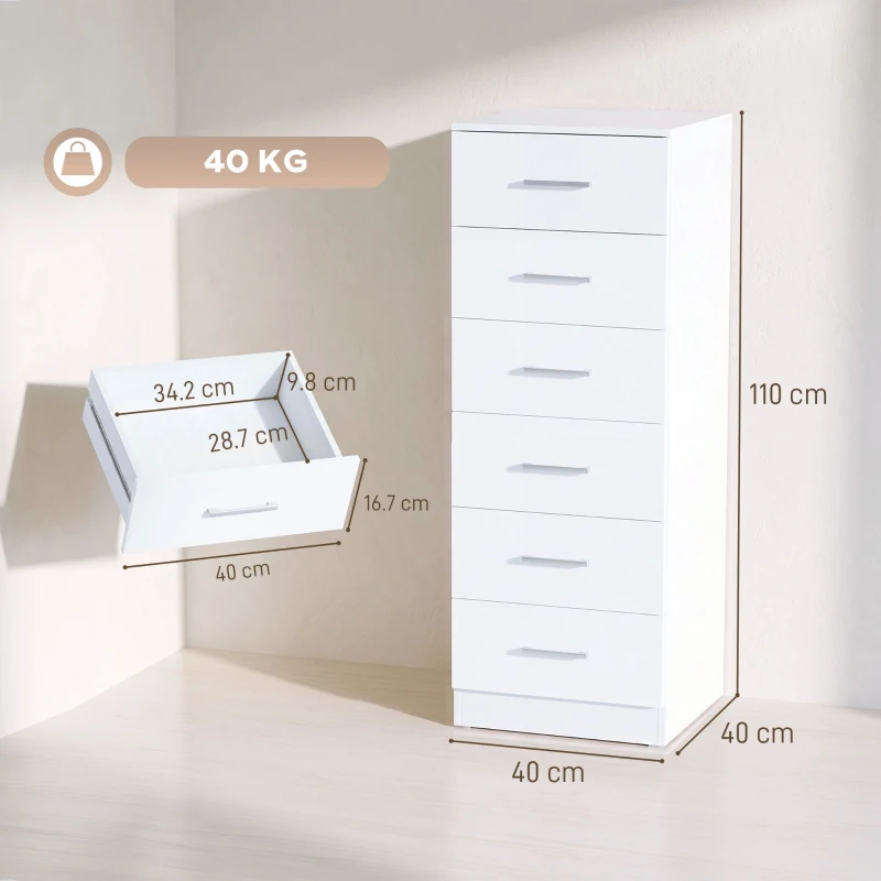 HOMCOM Comodă cu 6 Sertare, Mobilier Modern, 40x40x110 cm, Alb
