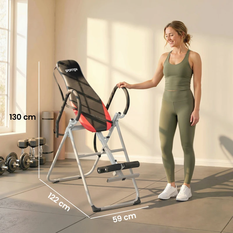 SPORTNOW Table d'Inversion Pliable en Acier, Inversion 0-90°, Verrou de Cheville Réglable, 122x59x130cm, Rouge