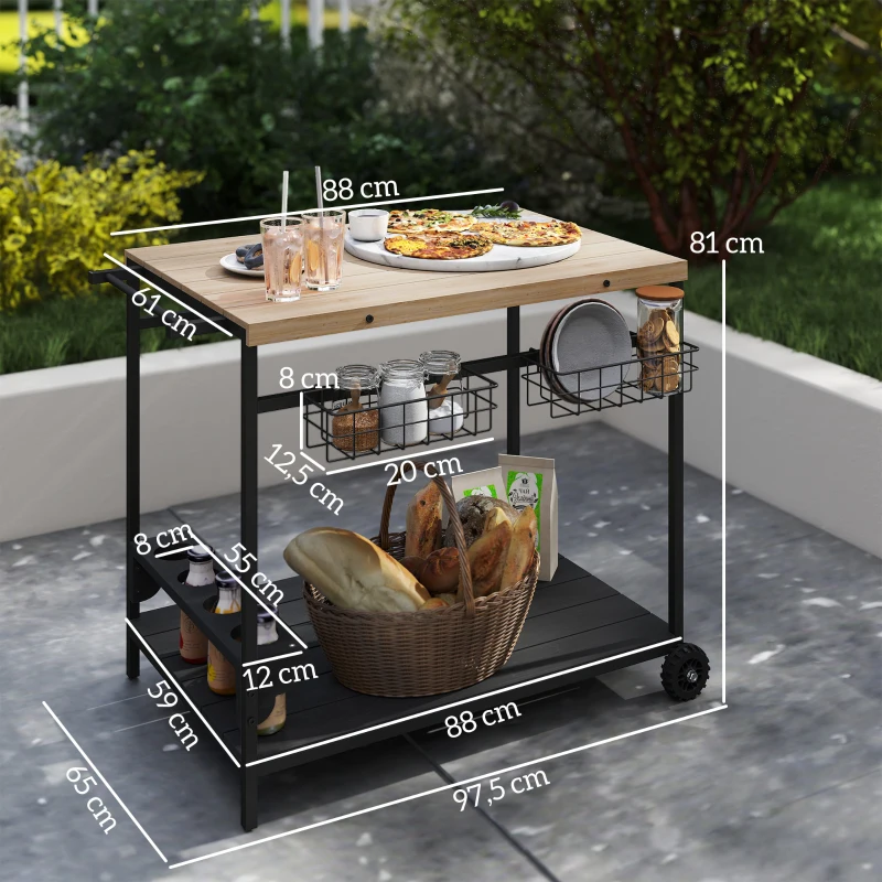 Outsunny Carrello da Giardino a 2 Ripiani, 2 Cesti e 4 Spazi Portabottiglie, in Legno di Abete, 97.5x65x81 cm