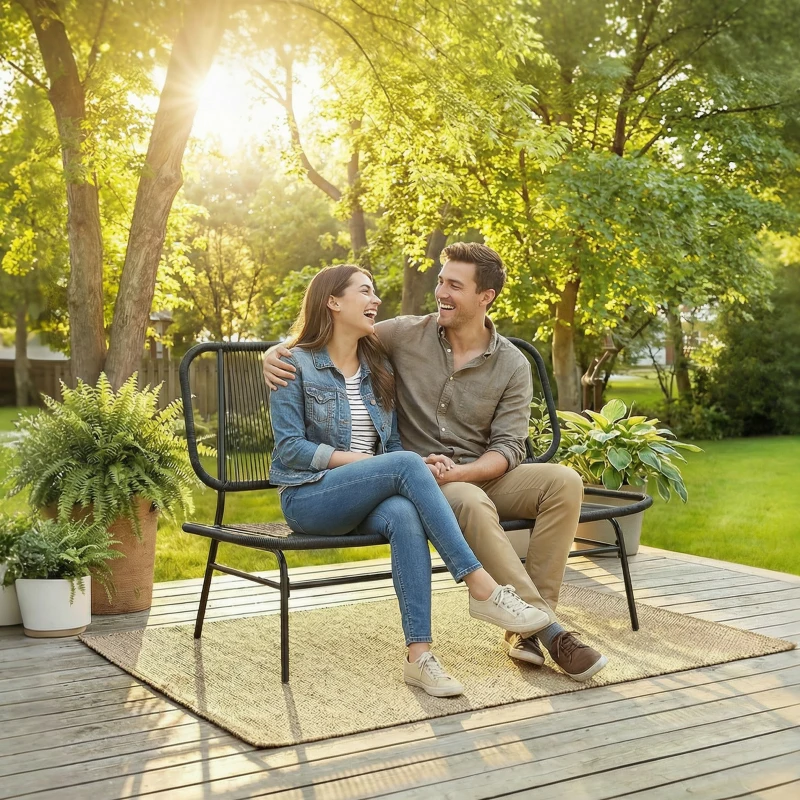 Outsunny Canapea Rattan cu 2 Locuri, Loveseat cu Șezut și Spătar Împletit, Negru.