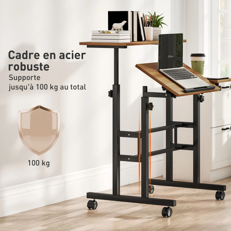 HOMCOM Bureau assis debout bureau réglable en hauteur 70 x 60 cm à roulettes avec plateau inclinable cadre en métal marron