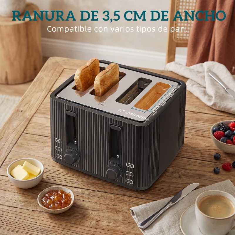 HOMCOM Tostadora 4 Ranuras Anchas 7 Niveles de Tostado Función Descongelar Recalentar y Cancelar Bandeja Extraíble Negro