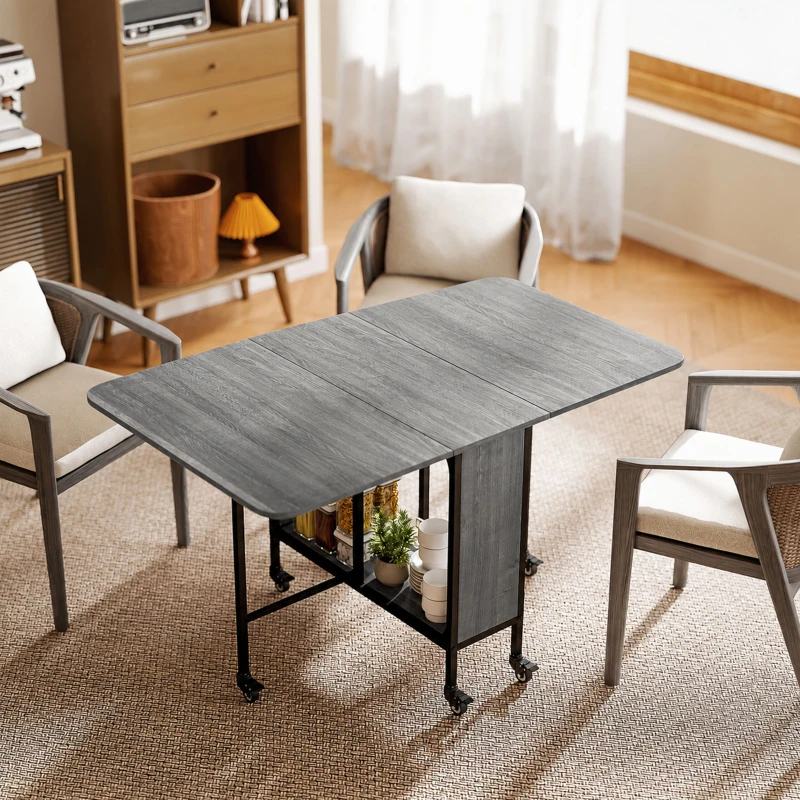 HOMCOM Table pliante de cuisine extensible salle à manger sur roulettes jusqu'à 6 personnes étagère intégrée, 6 roues, Gris