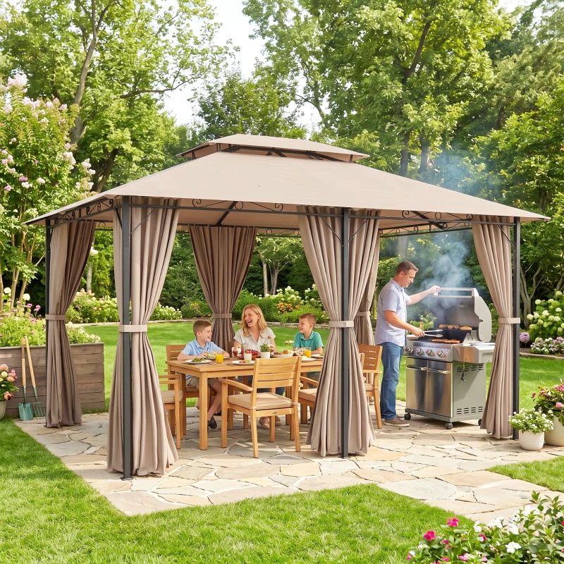 Outsunny Gazebo da Giardino 4x3m con Doppio Tetto e Tende Laterali in Acciaio e Poliestere, Color Cachi